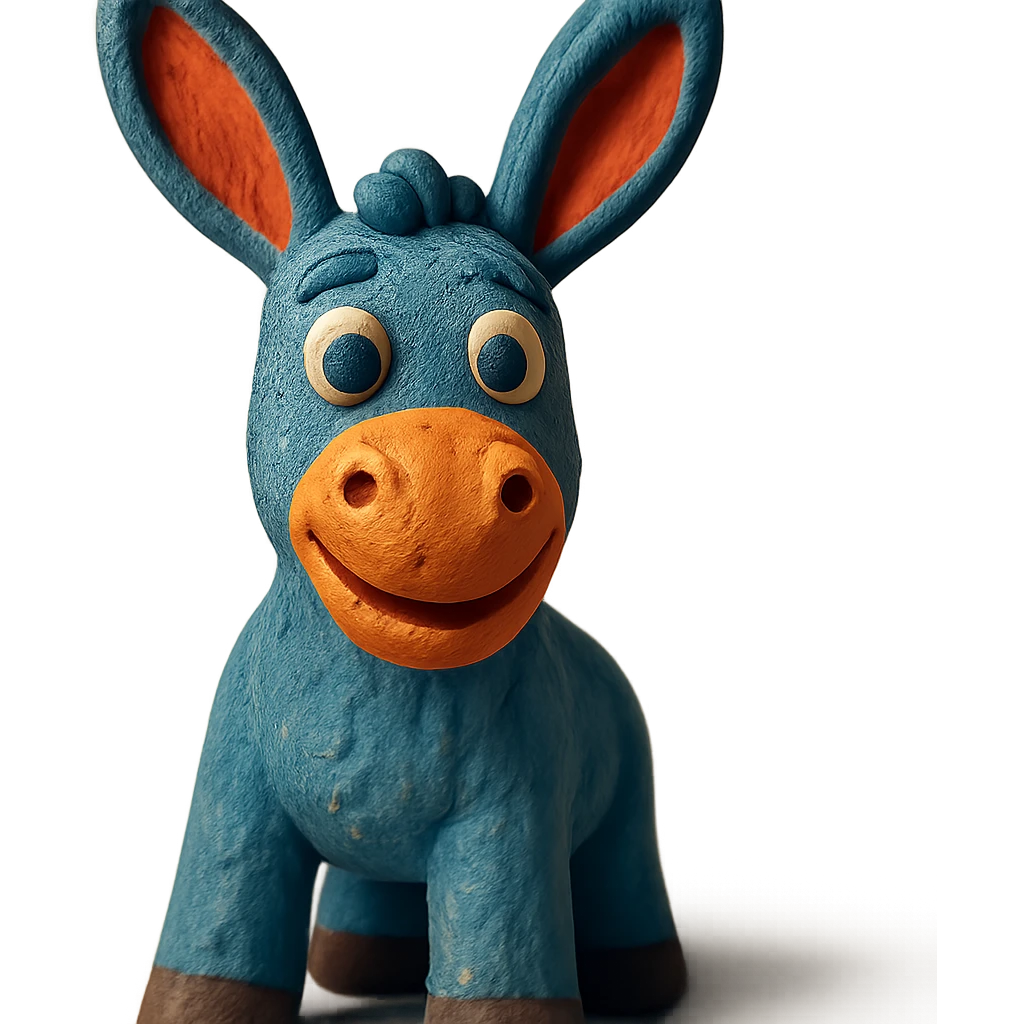 donkey with big ears, smiling, soft lighting, vibrant colors, claymation style emoji