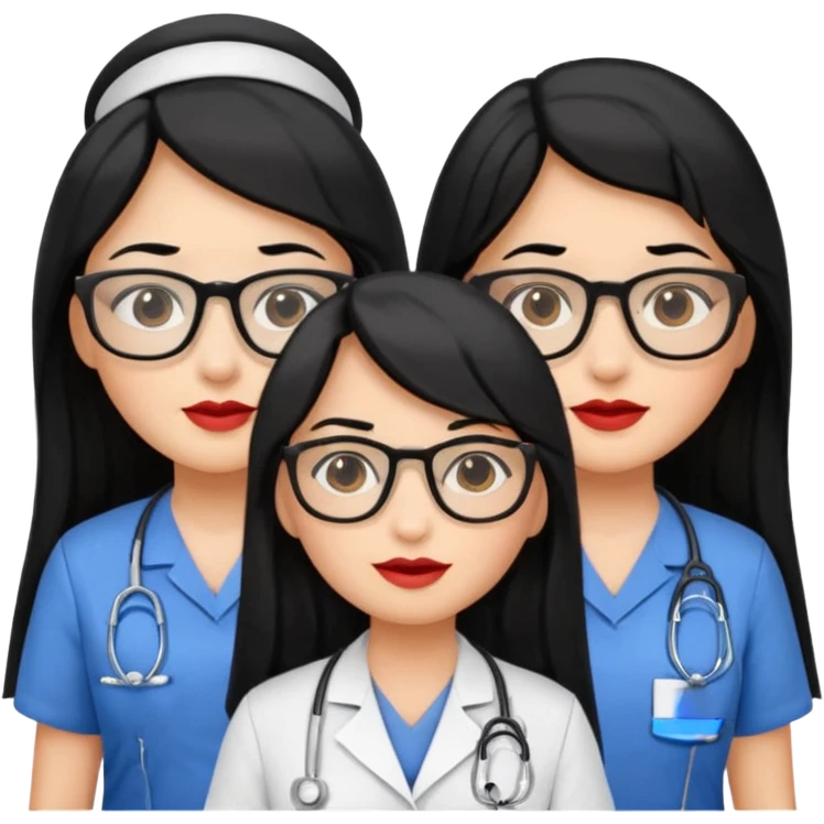 Genera emogis de 4 cuatro enfermeras de cabello negro largo, entre ellas que una tenga lentes y otra un lunar encima de los labios emoji