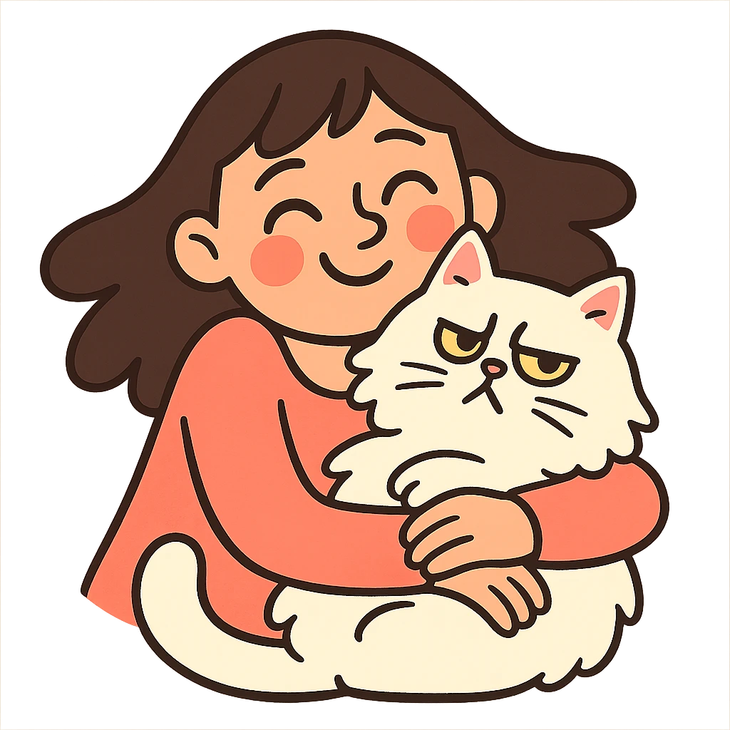 brunette girl snuggling white Persian cat emoji