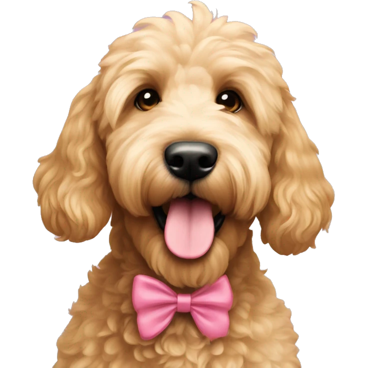 Goldendoodle with pink bow by its ear emoji