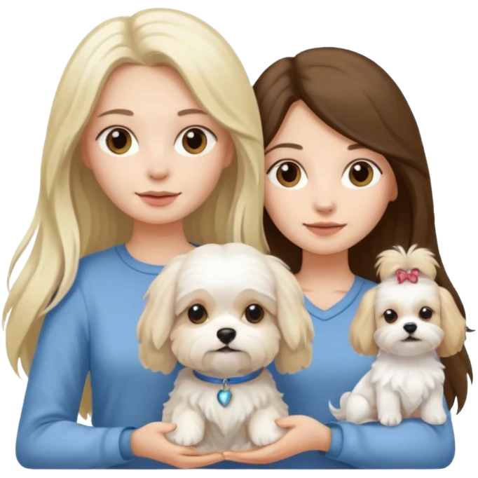 two women holding Maltese dog one is brunette the other is blonde long haired  emoji