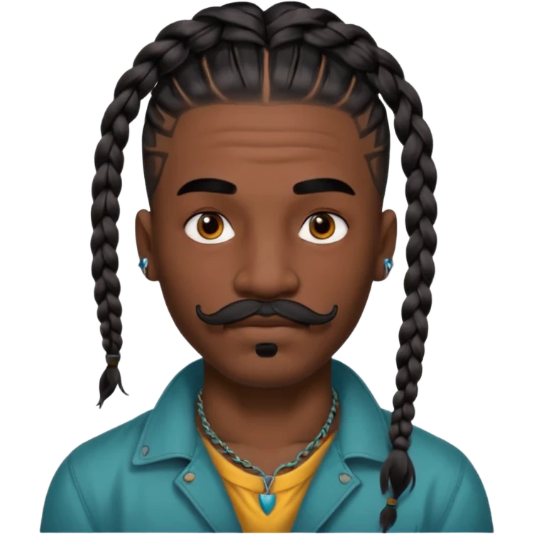 big lose braids starting from the top of the head man with mustache face wiith big visible loose only two braids and lots and lots of colored face tattoos colored tattoos like a tattoo artist hair unique color emoji