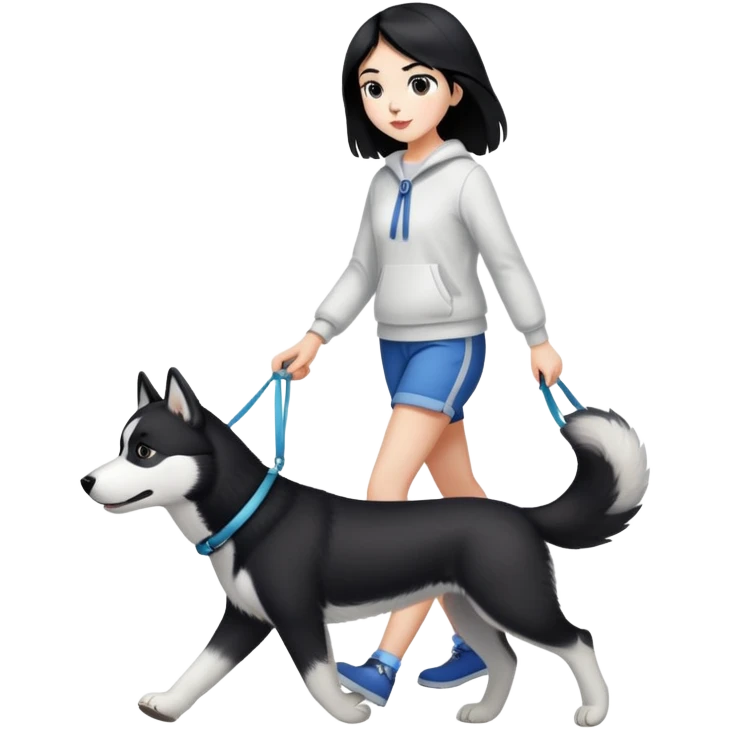 A black-haired girl walking a black and white husky emoji