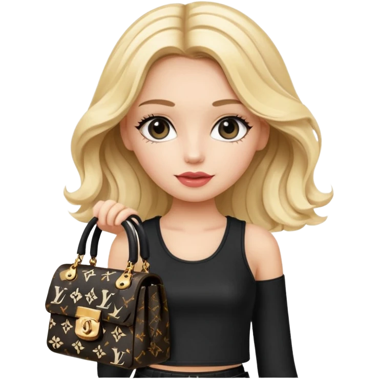 long wavy blonde girl inspired by Chloe from Bratz, wearing a Chanel logo two-piece black and white outfit, carrying a Louis Vuitton bag, emoji style emoji