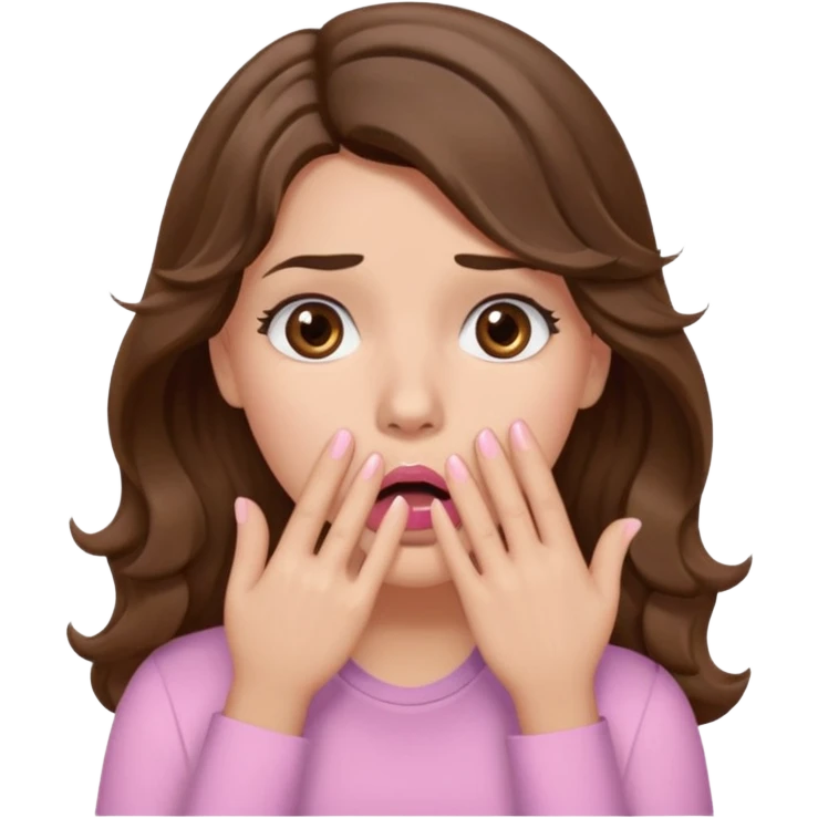 girl with wavy long brown hair, brown eyes, light to medium complexion, long lashes, light pink lipstick, wearing light pink shirt, shocked, hand covering mouth emoji