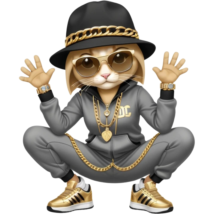 female cat wearing Run DMC hip-hop outfit with tracksuit, fedora, Adidas sneakers, dark sunglasses, many gold chains and bling accessories, break dancing emoji