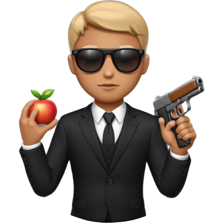 Apple emoji style, black-suited special agent wearing sunglasses, holding a gun emoji