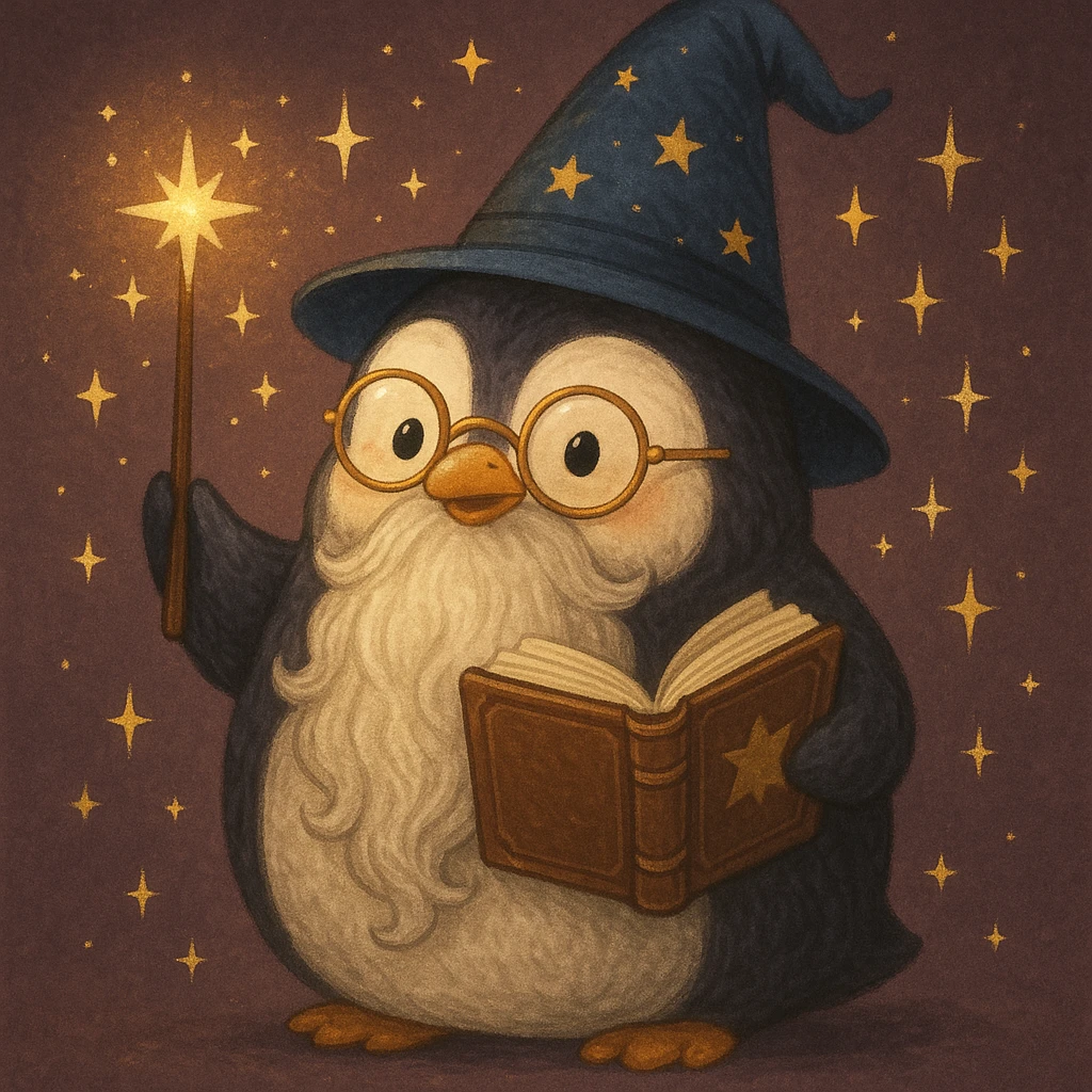 a chubby penguin wizard with glasses, a long beard, and a spellbook, surrounded by sparkles emoji
