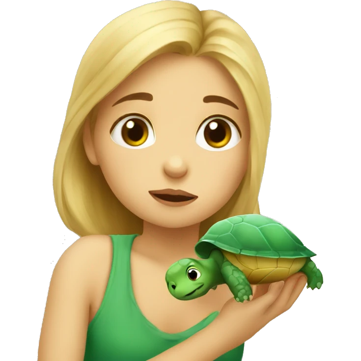 European girl kisses little turtle emoji