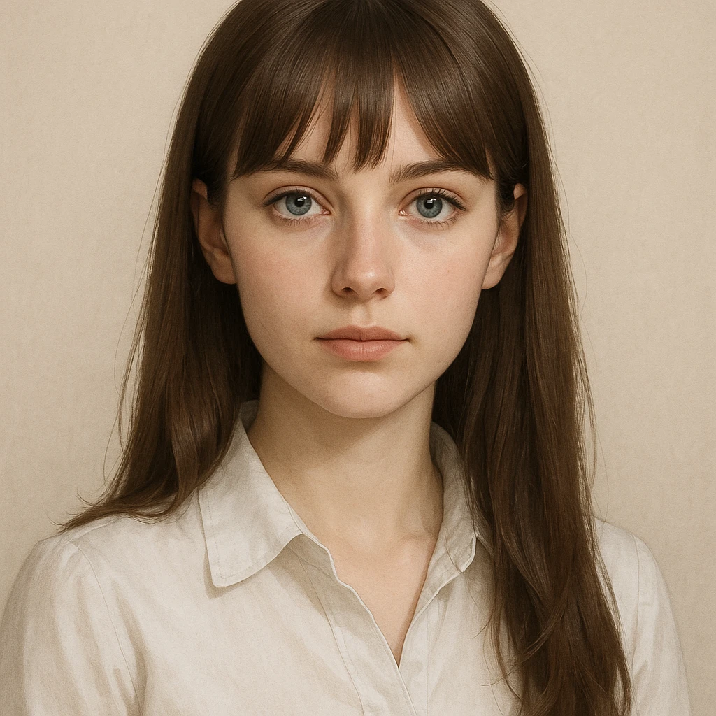 female character, fair skin, brown hair long and straight with bangs, blue-grey eyes, white blouse, minimal background emoji