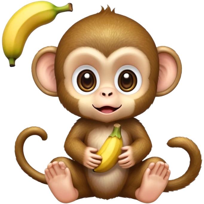 extremely adorable kawaii baby monkey with huge sparkly eyes peeling a banana emoji
