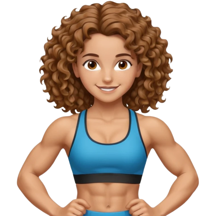 big biceps, muscled torso, very beautiful italian happy girl, looking like Emma Watson, with wavy curly bright hazelnut hair, dressed in a beautiful sports outfit, very muscled emoji