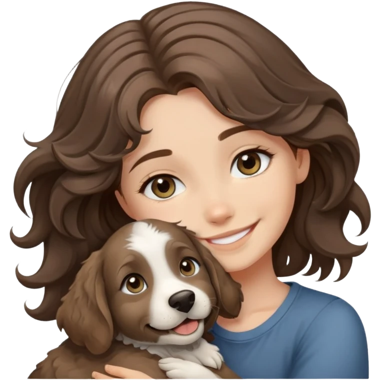 girl with Grey eyes, wavy brown hair, smile hugging a dog that looks like labradorite  emoji