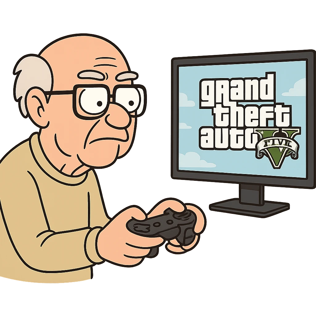 an old man with glasses holding a video game controller, focused in front of a screen displaying GTA V, cartoon style emoji