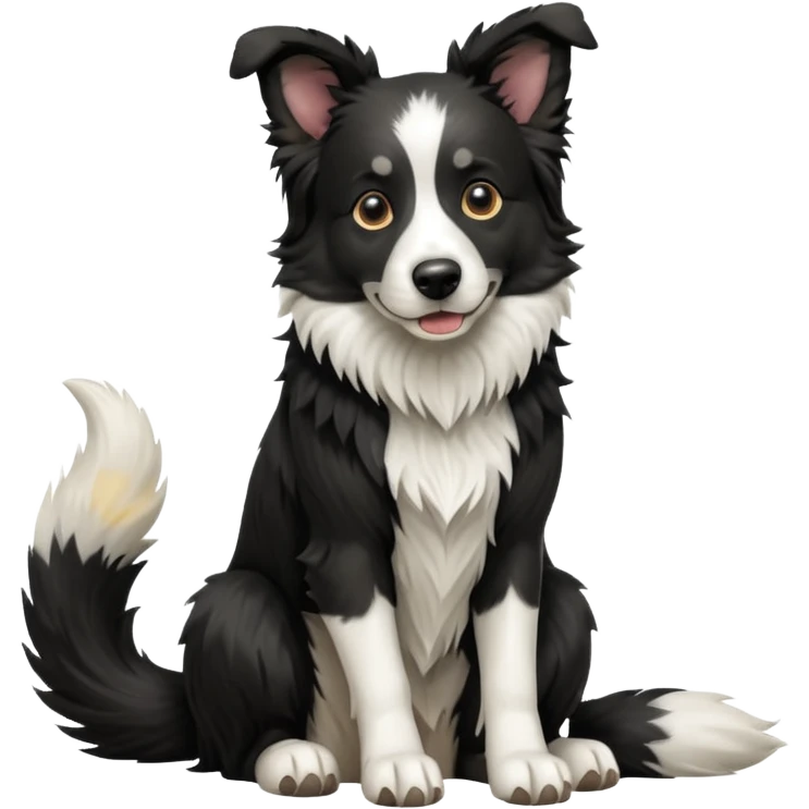 cinematic-[border collie dog]-realistic-full-body-sitting-emoji,-tail-resting-loosely-beside-its-paws,-head-tilted-dramatically,-scruffy-[black and white]-fur,-simplified-yet-realistic-focused-features,-highly-detailed,-glowing-with-an-almost-sarcastic-glow emoji