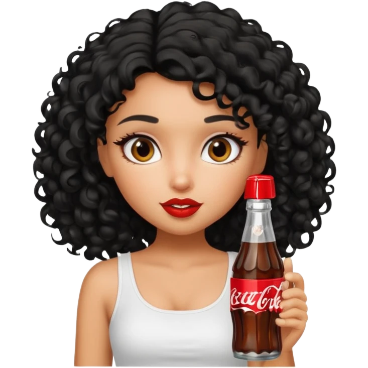 a pretty tan bratz girl with black curly hair drinking coca cola. no makeup. white top emoji