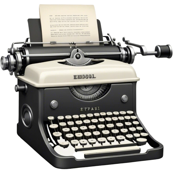 Create an emoji representing screenwriting. The design should feature an open script with visible dialogue and action lines, symbolizing the writing of a screenplay. Include a classic typewriter or a modern writing device, such as a laptop, to signify the process of creating a script. Optionally, add elements like a film reel or director's chair to emphasize the cinematic aspect of screenwriting. Use a professional color palette with black, white, and subtle metallic tones. Do not include any emojis or smiley faces. Make the background transparent. emoji