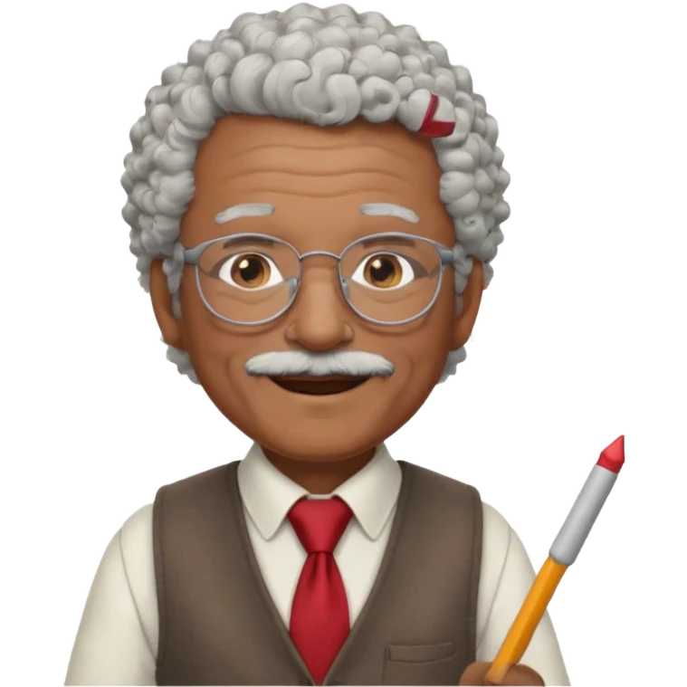 old man teacher, brown skin, curly grey white hai, wearing glasses, brown vest, red tie hold chalk on hand emoji