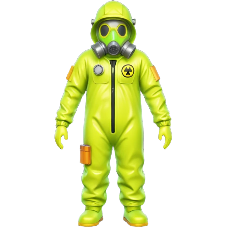 3D render of Hazmat Suit, toxic waste aesthetic, neon green bubbling liquid, caution yellow metal, industrial warning texture. emoji