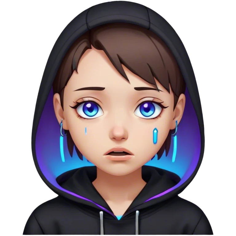 a girl with a brown bob and blue eyes in a black hoodie is crying Cyberpunk style. Violet neon. emoji