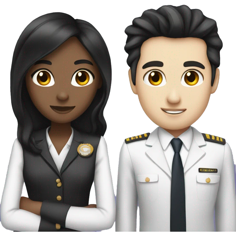 Flight attendant with long black hair and white skin with a pilot man with black hair emoji