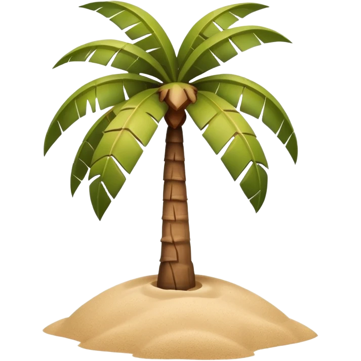A 3D cartoon coconut palm tree with coconuts near the top and a sandy base, tropical light setting, Memoji-style realism. emoji