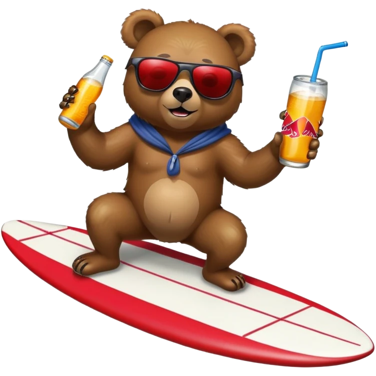 Bear riding a surfboard while drinking red bull with sun glasses on emoji