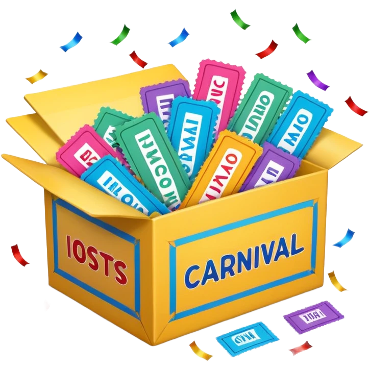 a box with the words "carnival pack" with tickets as a bundle, confetti in it etc  emoji