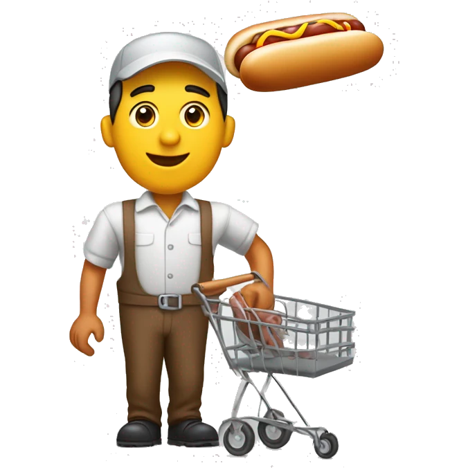 hot dog vendor holding a hot dog in his hand with a cart in the background with a white background emoji