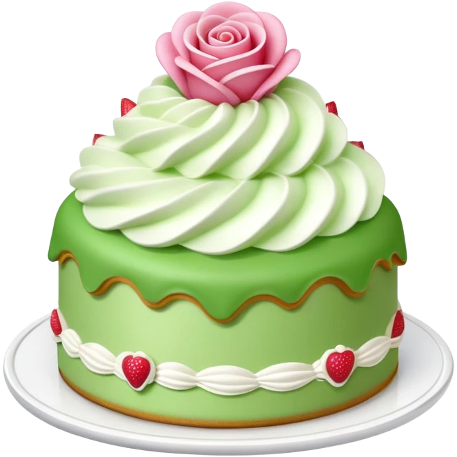 prinsesstårta cake with green marzipan on top, with a pink marzipan rose on top. Whipped cream, vanilla cream and strawberry jam inside emoji