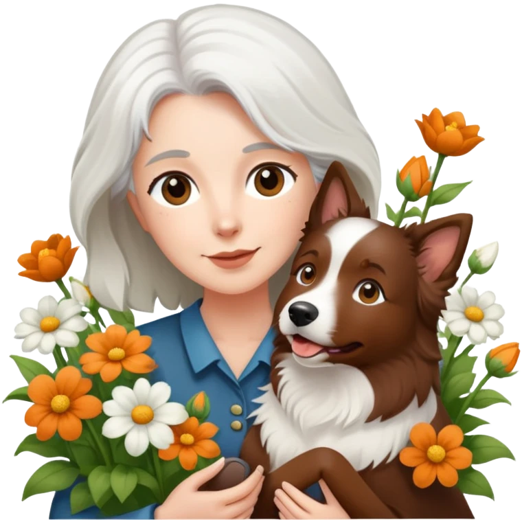 A white-haired woman holding a brown Border Collie in the flowers emoji
