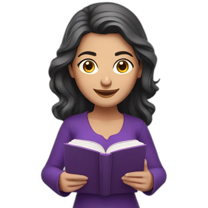 Armenian women with the purple clothes reading book and looking at camera and smiling  emoji