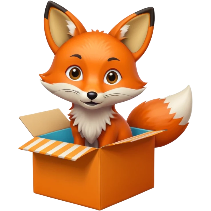 playful fox with big eyes in a colorful box, gazing upward, emoji style emoji