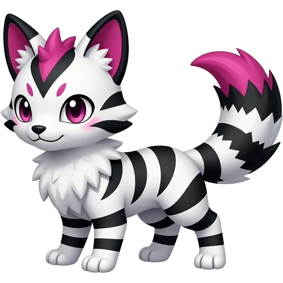 Black and white-striped Colorful Skilled Adept Graceful Asian Painted WereGarurumon-Meloetta-Obstagoon-Furret-fusion-hybrid-creature (full body) with a magenta accent, tufted lynx ears emoji