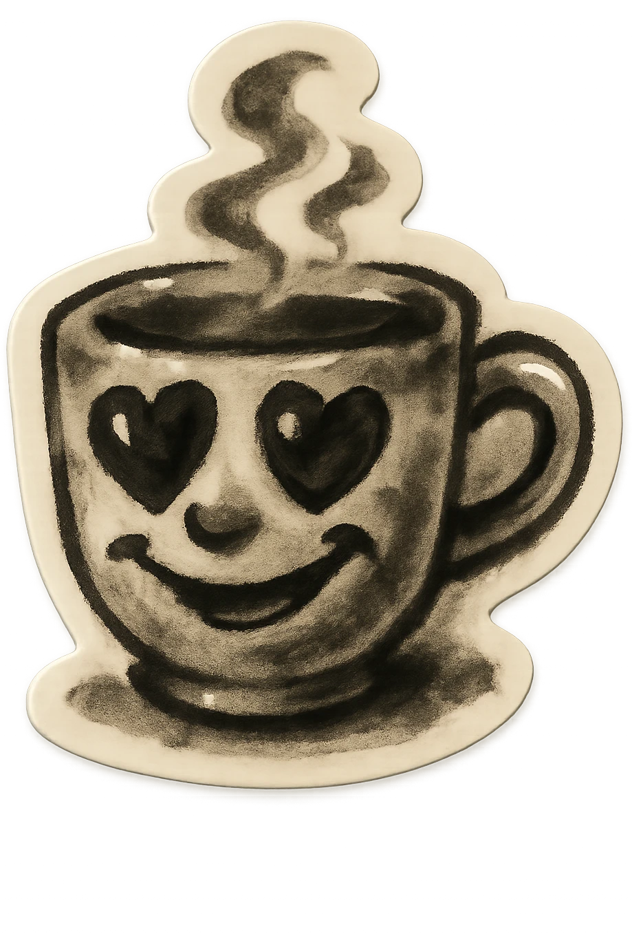 Ink wash style, coffee cup creature, big heart eyes, dopey smile emoji