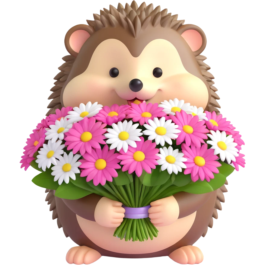 Draw a cute hedgehog holding a large bouquet of pink and white daisies in a 3D iOS 18 emoji style, with a soft, rounded, and glossy look. Keep the background simple and light. emoji