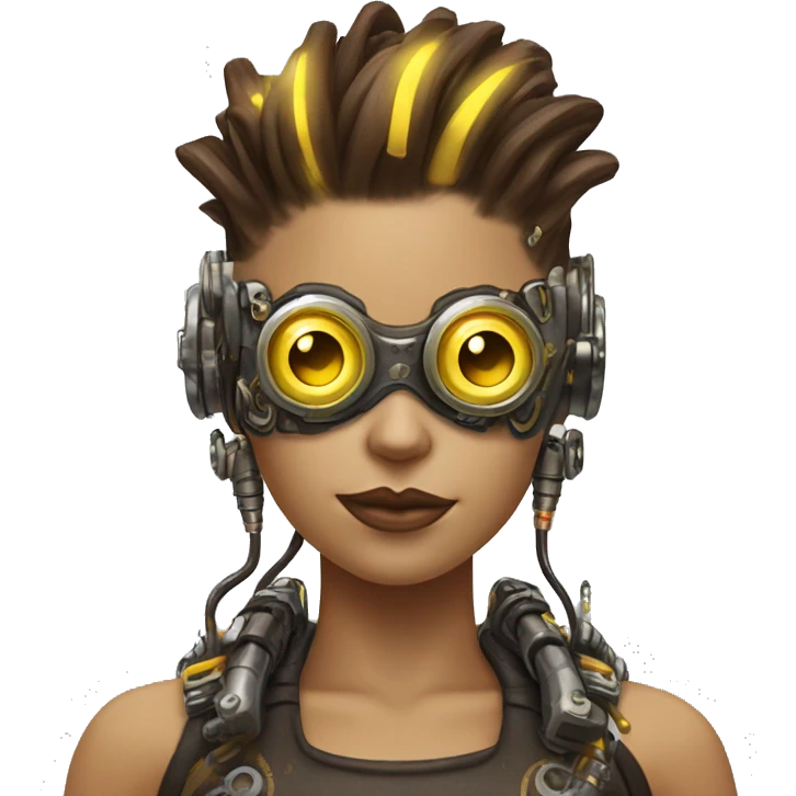 Brown with yellow streaks Mohawk hair female cyborg head, tan skin, steampunk goggles and circuits emoji