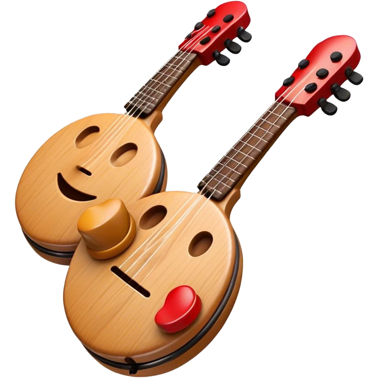 Create a lively and rhythmic emoji representing castanets. The design should feature the iconic wooden or plastic castanets with a glossy finish, held in an open position to showcase their shape. Include subtle details like the grooves or carvings on the castanets to reflect their craftsmanship. Add musical notes or small soundwaves around them to suggest the percussive sound they produce. Use warm, earthy tones like brown, tan, and red to evoke their traditional, vibrant feel. The background should be transparent. emoji