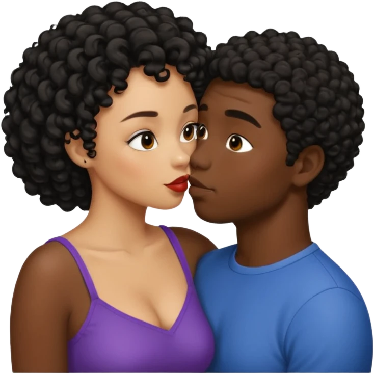 A dark skin woman with a light skin man who has black short curly hair kissing  emoji