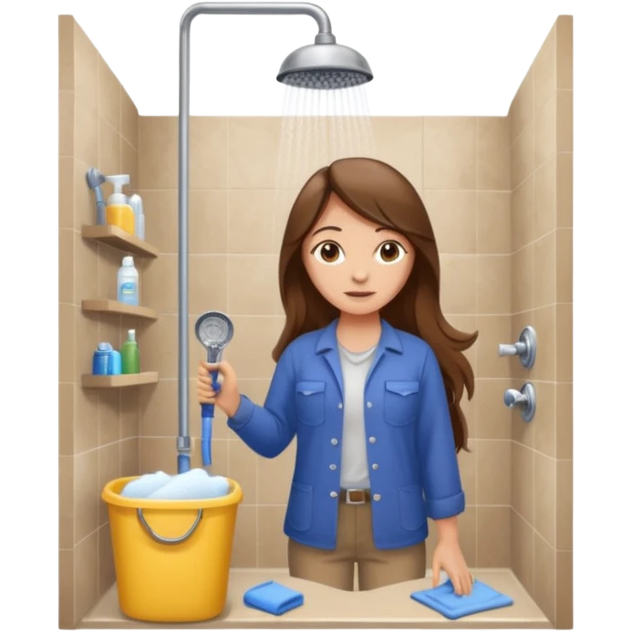 beautiful girl with long brown hair constructing new bathroom area with new shower and amenities  emoji