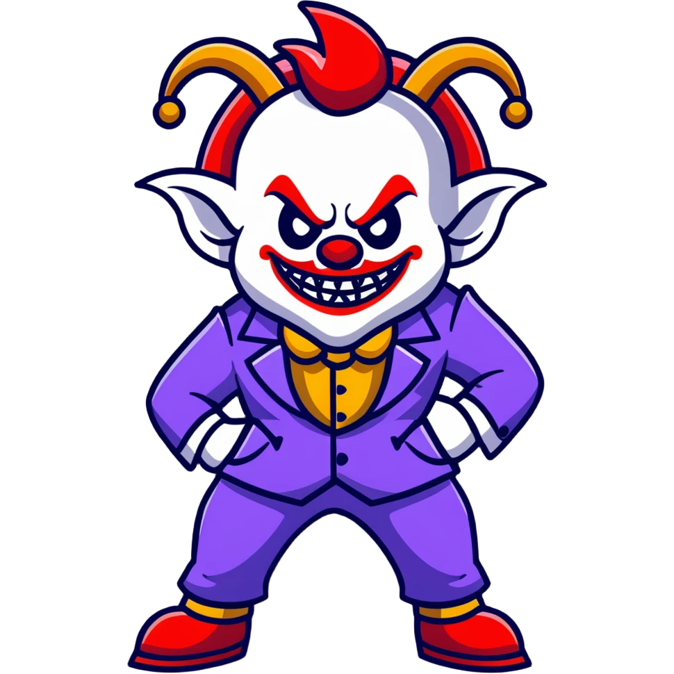 evil clown in a leisure suit with billy goat horns, fangs, pointed ears, standing in a fighting posture, battle-ready soldier emoji