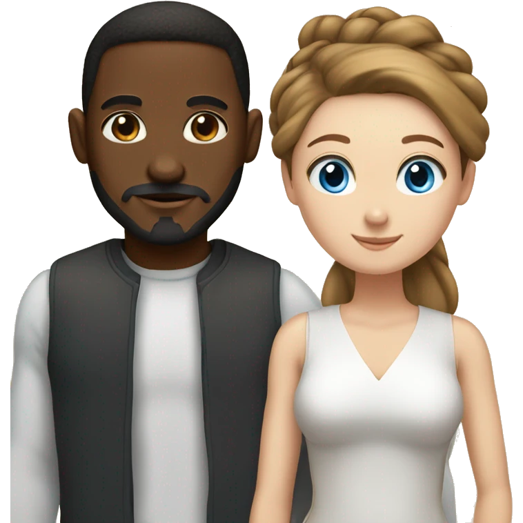 Black man couple with bun, moustache and beard and white girl with blue eyes and long, straight brown hair emoji