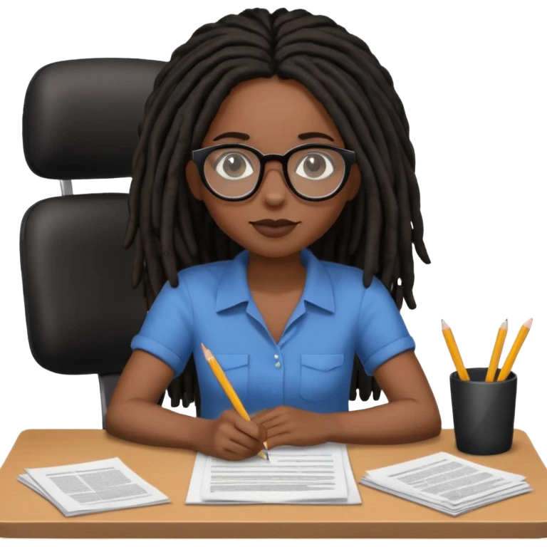Black female with dark dreadlock hair and large round glasses with a desk full of papers emoji