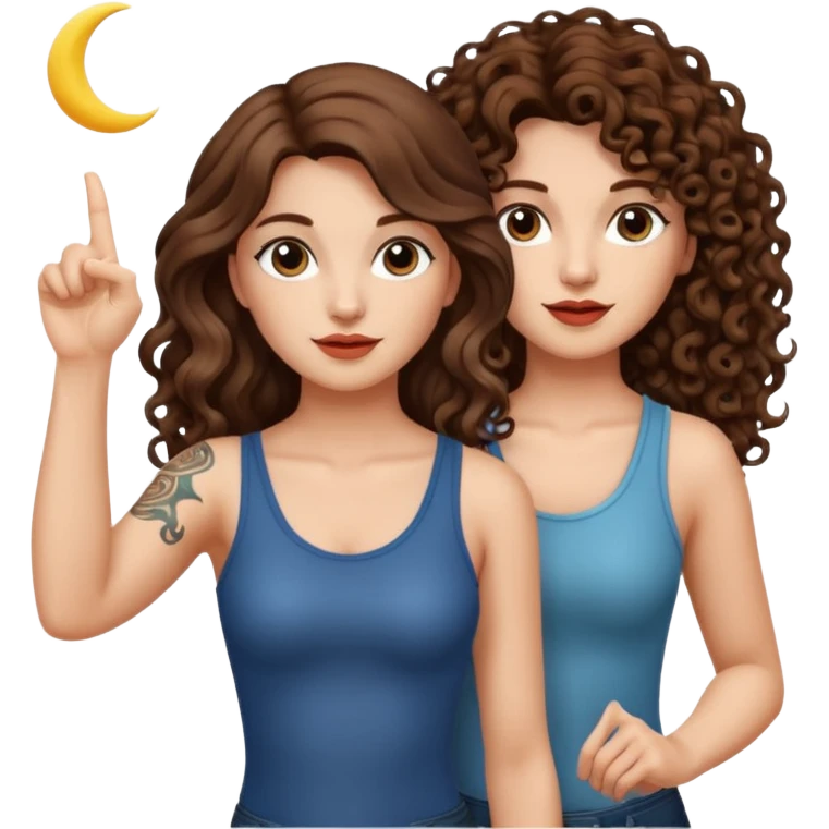 moon symbol discovery — long wavy brown hair tattooed woman and short tight curly brown hair woman — pointing up emoji