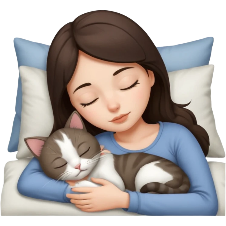 Brunette girl  sleeping with grey white  cat emoji