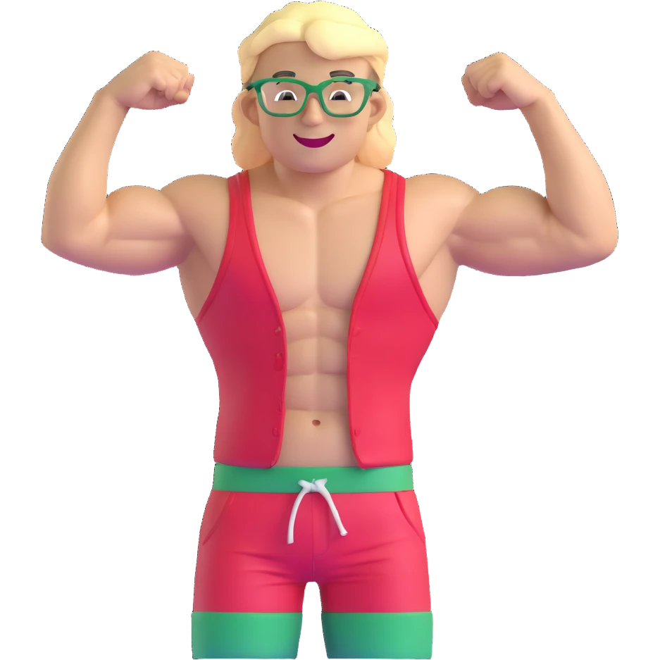 Man with black and white cap, bare torso, red shorts, clear glasses, messy light blond mullet hairstyle, smiling and flexing muscles emoji