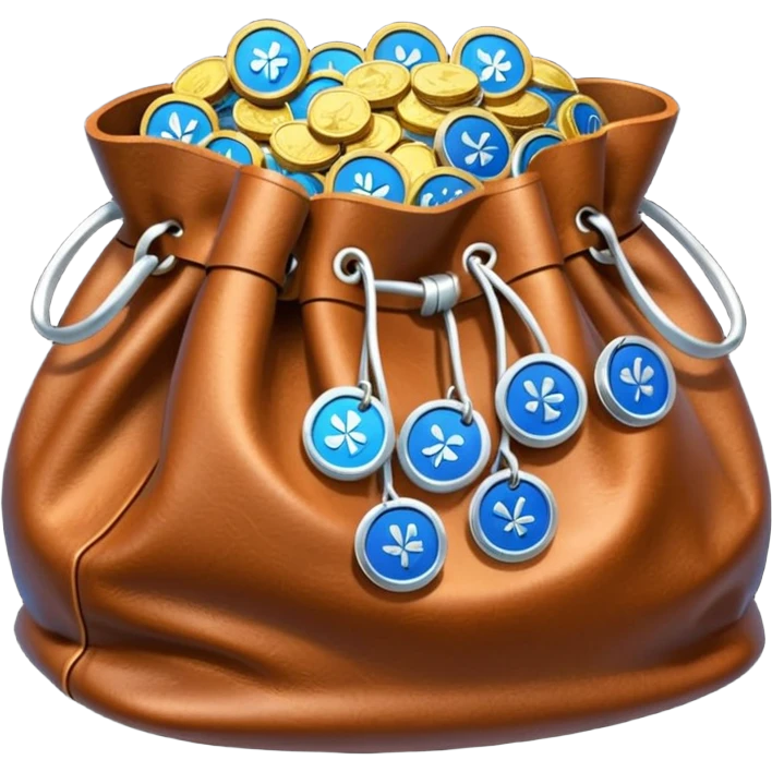blue coins inside a brown leather bag  emoji