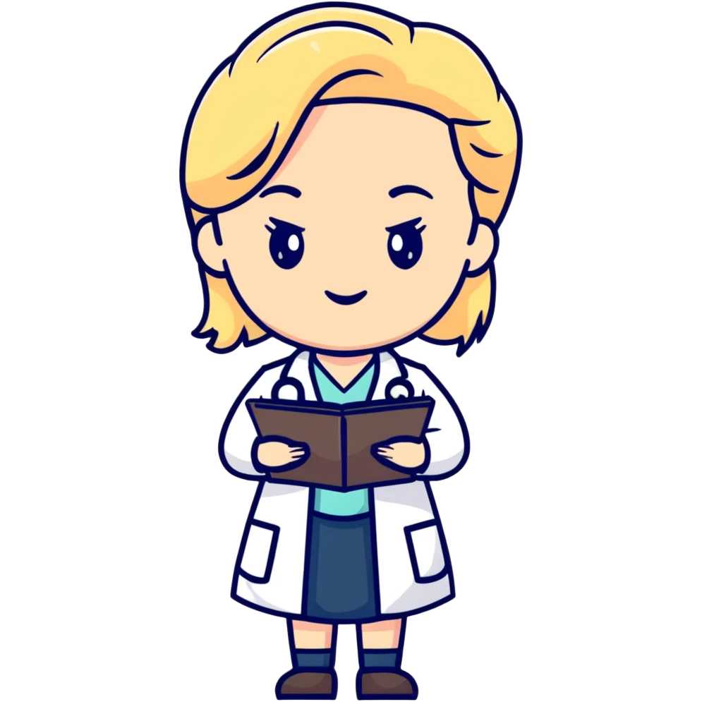 blonde female doctor in white coat with clipboard emoji