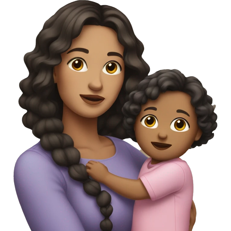 woman with straight Brunette hair and fair skin holding a girl toddler with curly black hair emoji