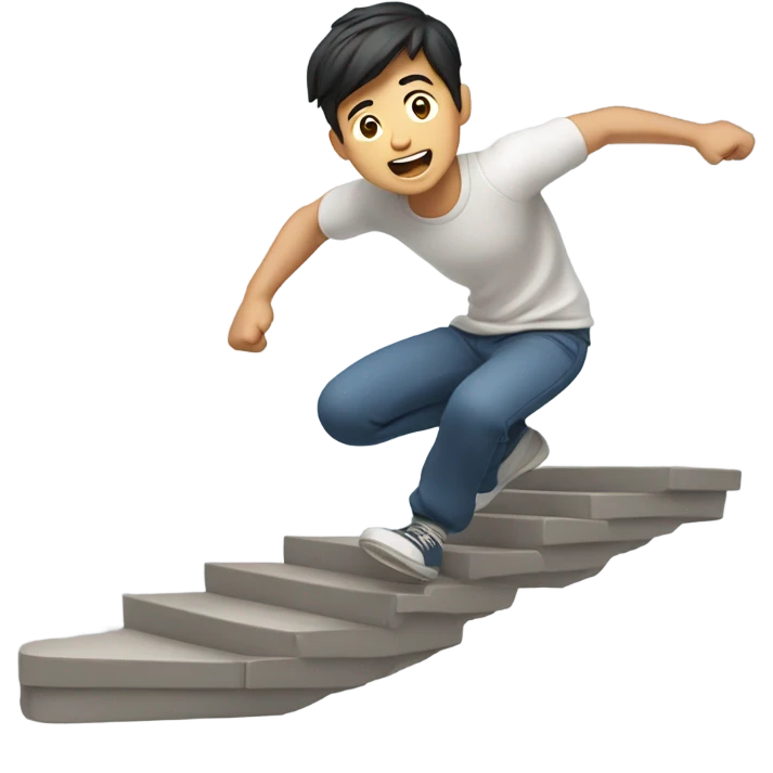 Asian guy falling down long steps emoji